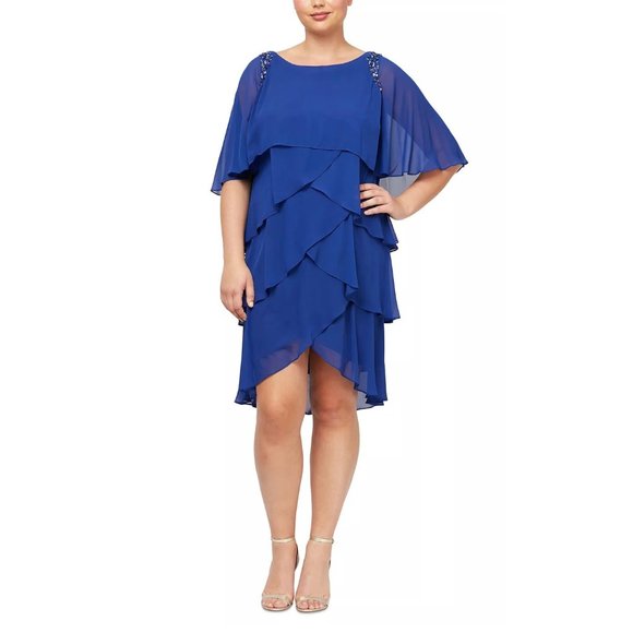 SL FASHIONS Plus Size Beaded-Shoulder Tiered Dress Chiffon Royal Blue 24W - Picture 1 of 2